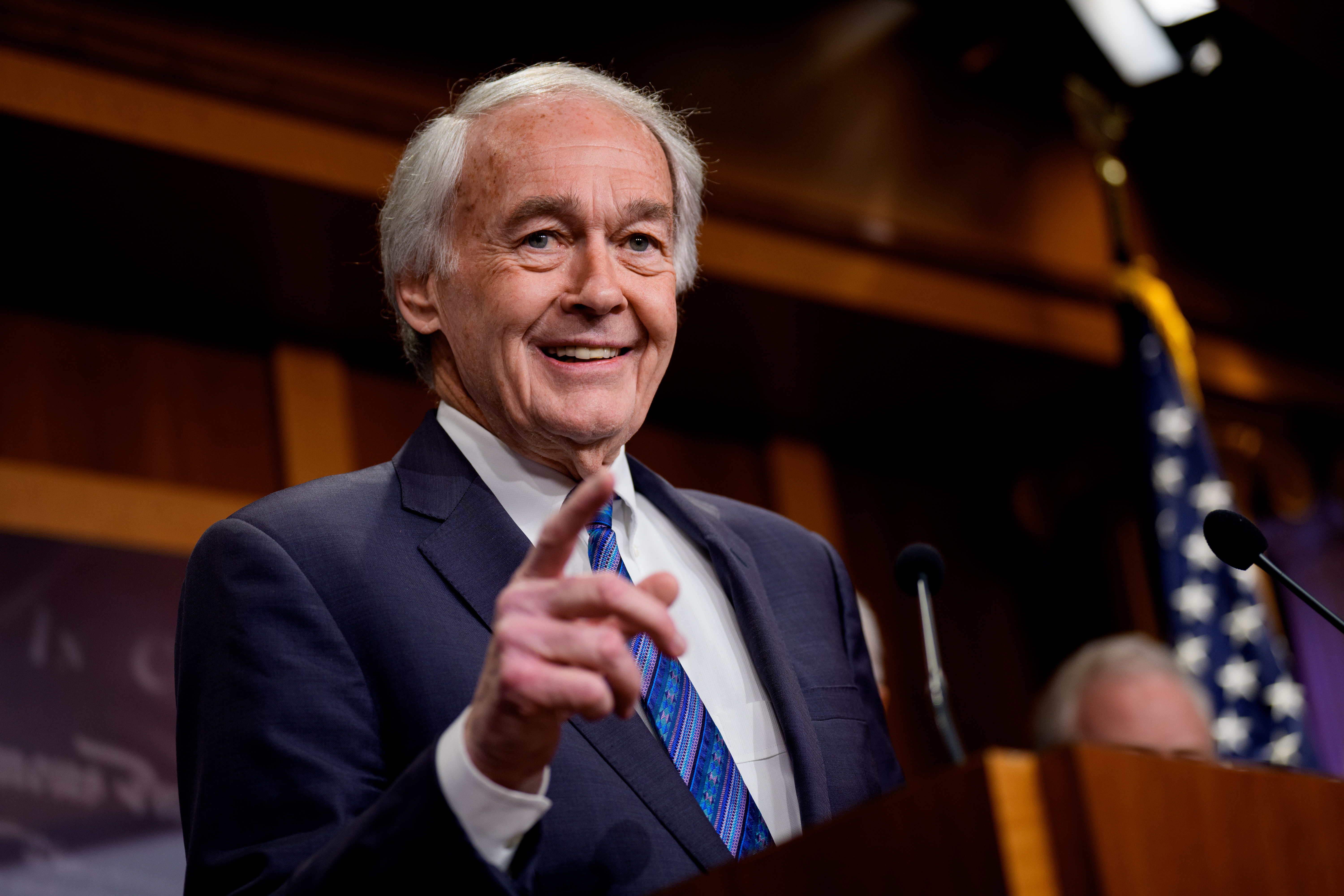 Democratic Sen. Ed Markey of Massachusetts speaks at a news conference on the Trump Administration
